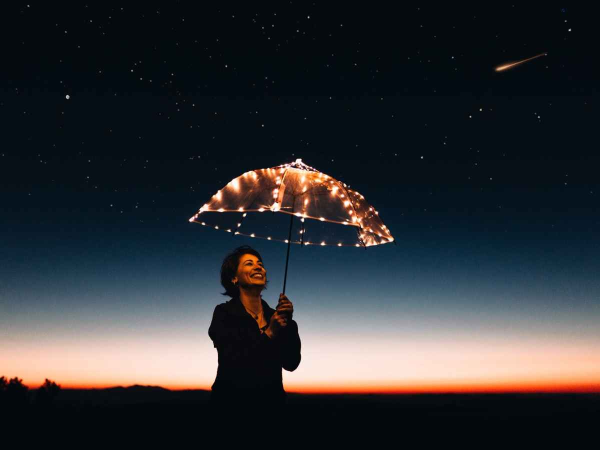 Woman using umbrella with lights